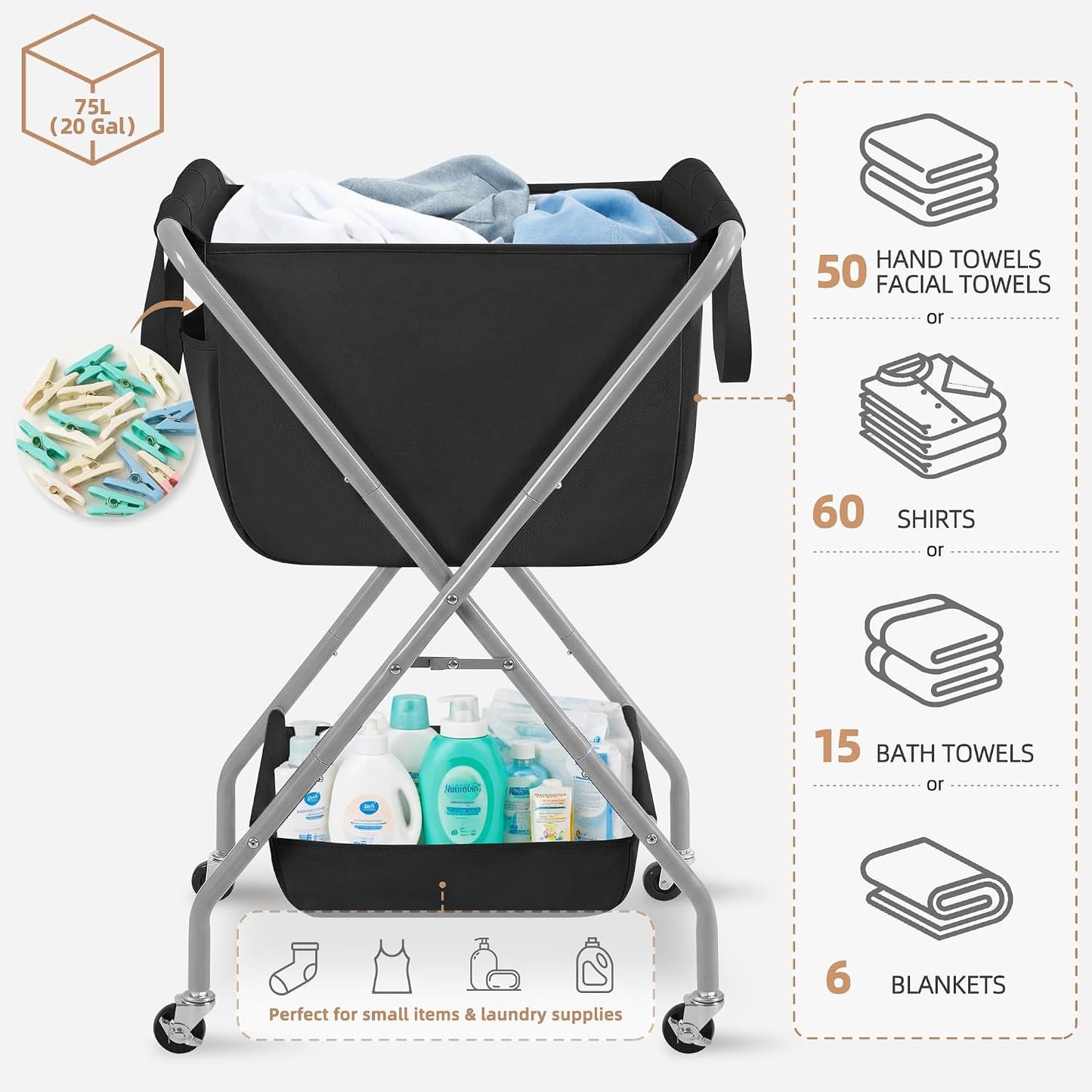 STORAGE MANIAC Collapsible Laundry Cart with Wheels 35.6"H Removable Canvas Bag Rolling Laundry Hamper Clothes Basket with Wheels, Sturdy Steel Frame Folding for Small Narrow Space Easy Storage, Beige