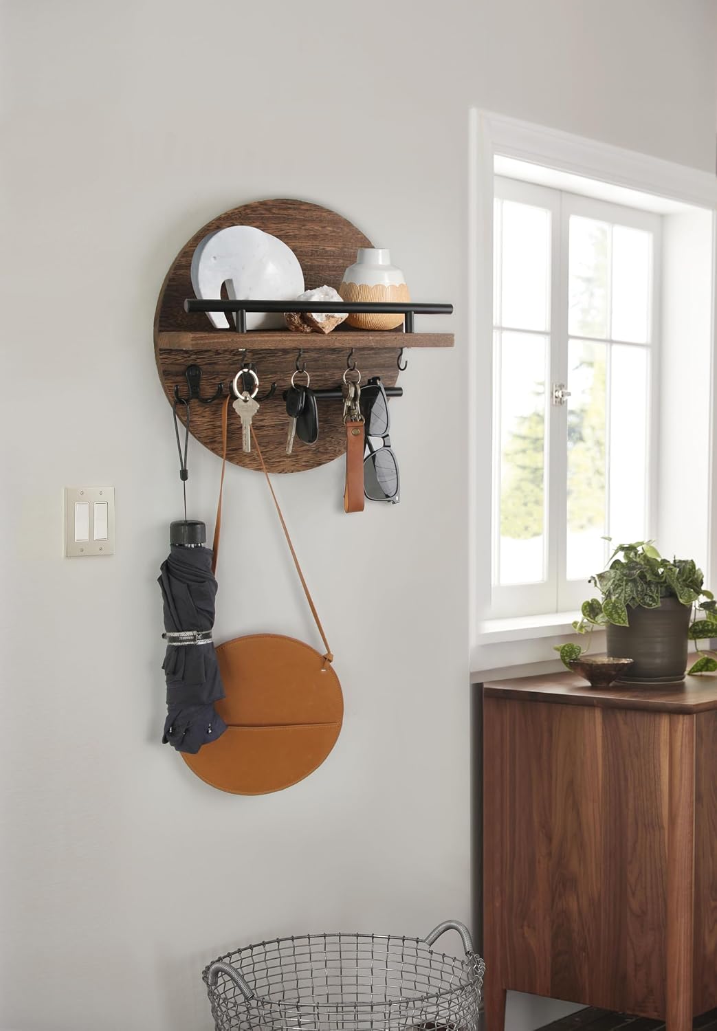 Gurfuy Key Holder for Wall with Shelf - Wood Mail Organizer and Rack with Shelf Hooks Wall Mounted for Entryway Decor Magazines Letter Storage Farmhouse Living Room Bedroom Doorway Green