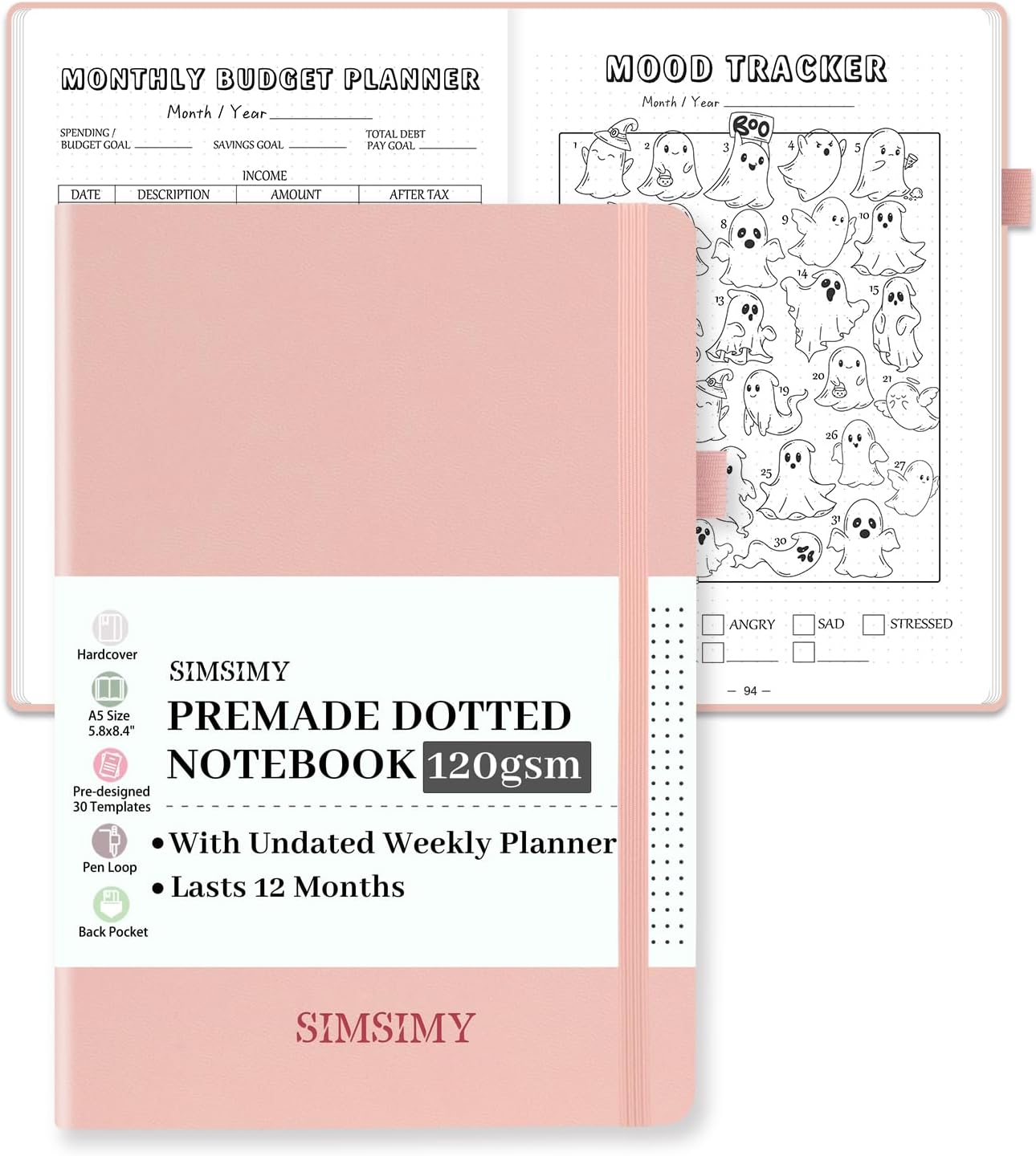 Premade Dotted Journal Notebook with Bullet Templates, Pre-made Dot Grid Journaling with Undated Weekly & Monthly Planner, Various Trackers - 12 Month Organization, A5 Hardcover