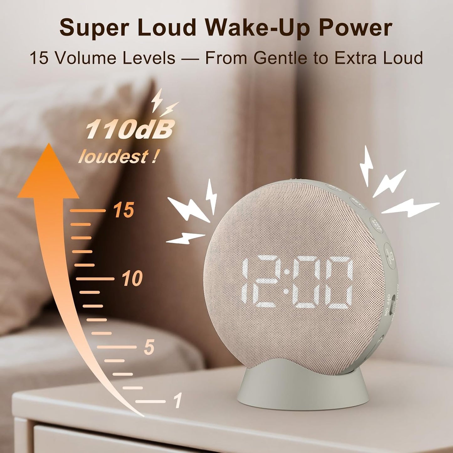 SolaceRise Extra Loud Alarm Clock Vibrating Bed Shaker for Heavy Sleepers | Auto-Dim Digital Clock for Hearing Impaired Deaf - Portable Rechargeable Battery for Bedroom Travel Dorm - Putty