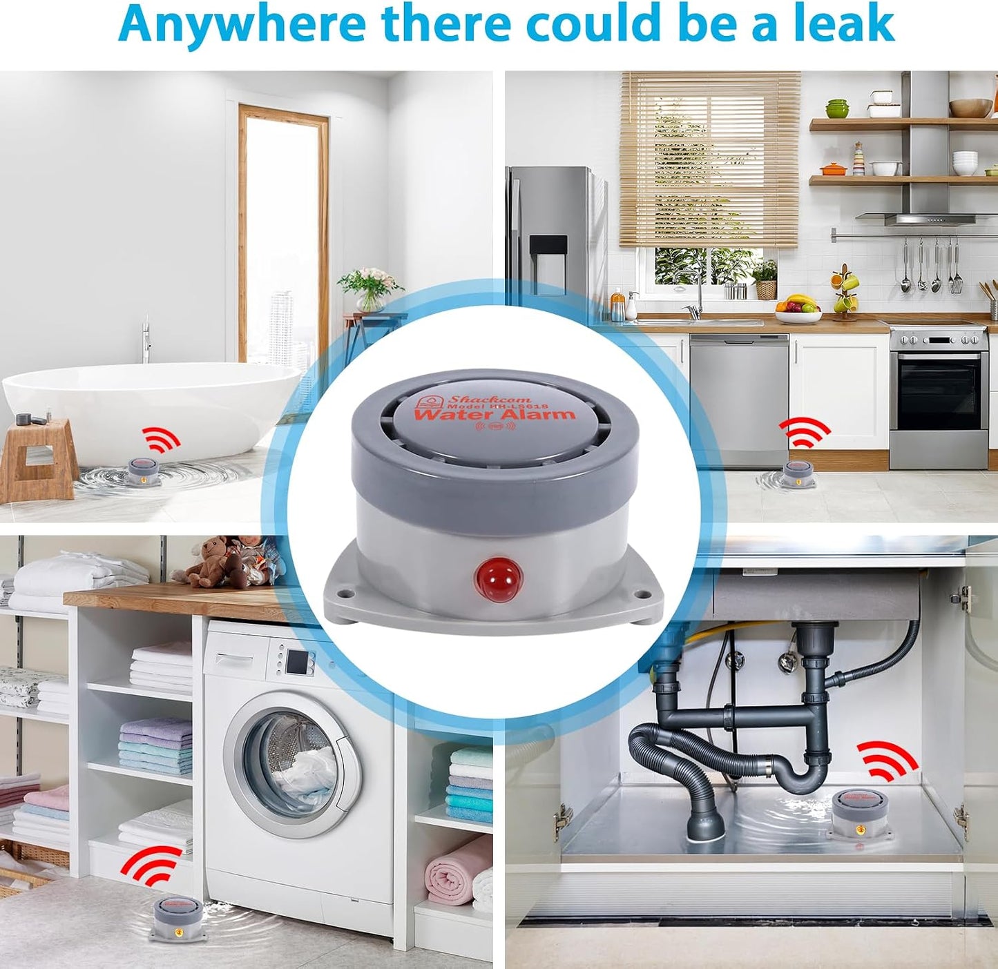 Water Leak Detector 2 Pack, Shackcom Water Alarm 110DB, Wireless, Waterproof & Battery-Operated, Audio and Light Alerts for Bathroom, Kitchen & Home Security ( Battery Not Included )