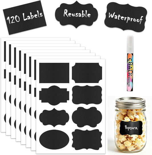 120 Pcs Chalkboard Labels for Storage Bins, Removable Chalk Sticker for Jars Containers Storage Bins, Assorted Shapes - Canning Labels, Bottle Labels, Food Labels Includes Erasable Liquid Chalk Marker