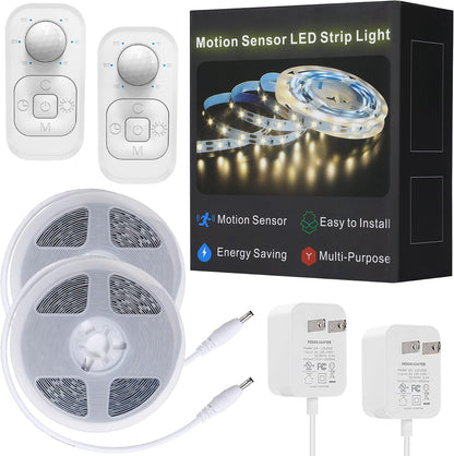 Motion Sensor Under Cabinet Lights - Plug-in LED Strip Lights Indoor with Power Adapter, Dimmer and Timer for Kitchen Cabinet, Counter, Shelf, Showcase, Stairway, Bedroom, Corridor, Washroom
