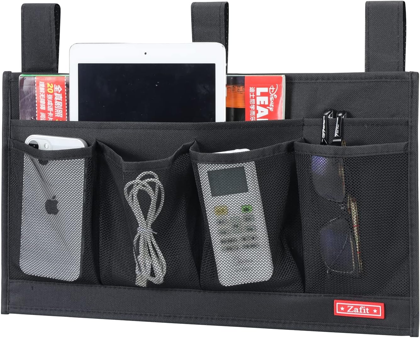 Zafit Hanging Bedside Caddy, Bedside Storage Organizer for Magazine, Phone, Remote control (Classic4 Pockets-Black)