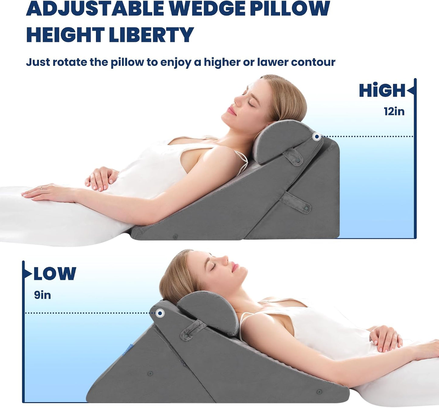 BDEUS 3PCS Wedge Pillows for Sleeping Bed Wedge Pillow 9&12 Inch Adjustable Triangle Pillow Wedge with Premium Half-Moon Memory Foam Bolster Pillow
