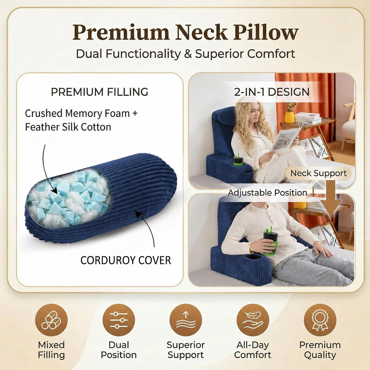 21 INCH Reading Pillow for Adults, Back Pillow for Bed Sitting Up, Backrest Pillow for Sitting in Bed, Detachable Arms with Built-in Cup & Phone Caddy (Gray, 21 INCH)