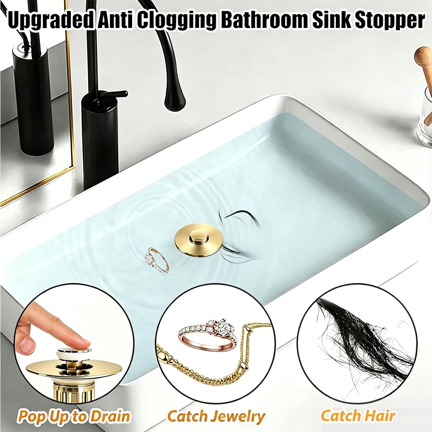 Anlige Bathroom Sink Drain Strainer, 3 in 1 Pop Up Bathroom Sink Stopper with Removable Brass Basket Hair Catcher, Universal Sink Plug for 1.06 to 1.6in Drain Hole, Chrome Silver