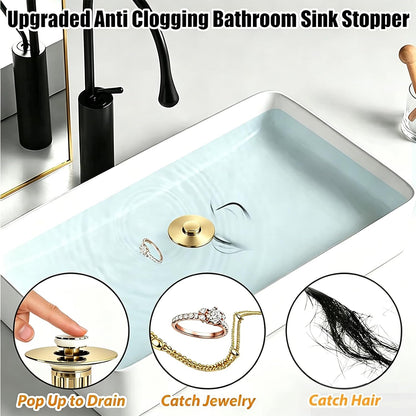Anlige Bathroom Sink Drain Strainer, 3 in 1 Pop Up Bathroom Sink Stopper with Removable Brass Basket Hair Catcher, Universal Sink Plug for 1.06 to 1.6in Drain Hole, Chrome Silver