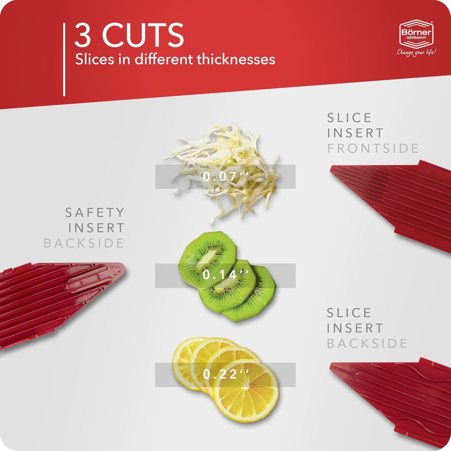 Borner Mandoline Food Slicer V1 (Basic Set) by Reston Lloyd • V-Slicer with Food Holder • Made in Germany • Fruit & Vegetable Chopper • Multiple Settings • Color: Red