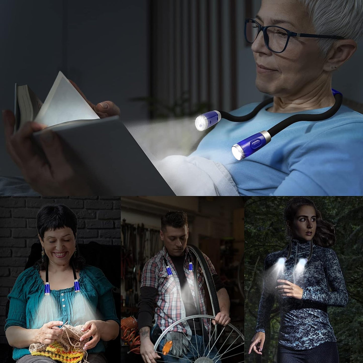 LEDBOLIK Neck Reading Light Blue, 660mAh Rechargeable Book Light for Reading in Bed – 6 Brightness, Bendable Arms, Hands Free for Knitting, Crocheting
