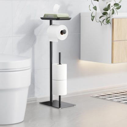 Toilet Paper Holder Stand with Top Storage Shelf | Free Standing Toilet Roll Dispenser for Bathroom, Holds 4 Reserve Rolls, Silver