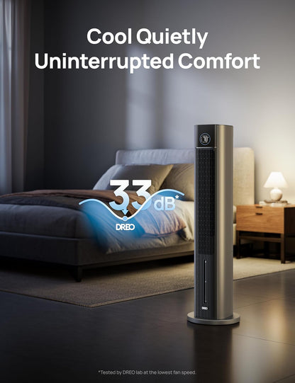 DREO Tower Fan for Bedroom, 43" Cooling Fans That Blow Cold Air 2025 Upgraded, Evaporative Air Cooler, Quiet 85° Oscillating Floor Fan, Easy Cleaning, APP Control, 4 Modes & 4 Speeds, Ink Black