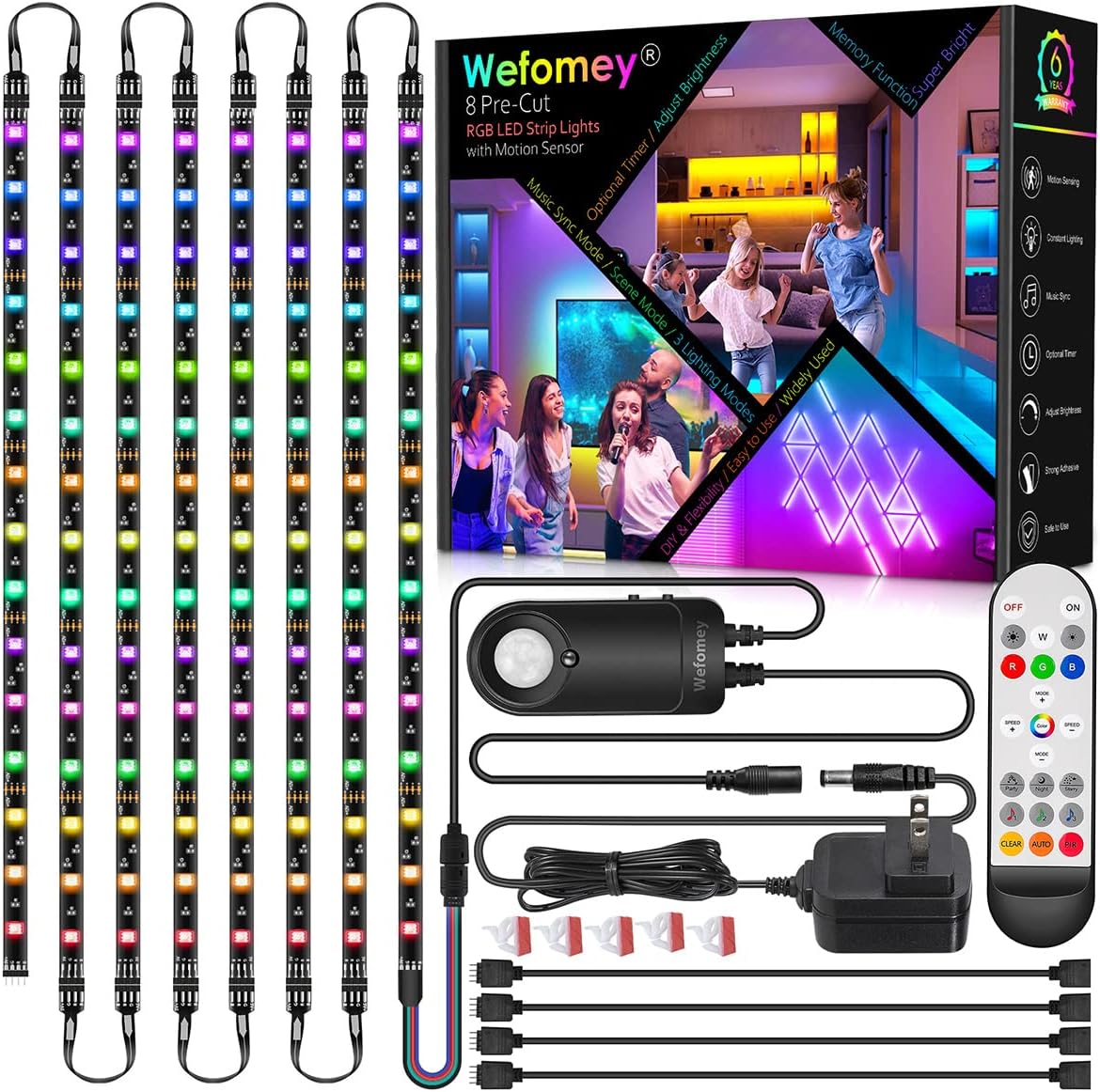 RGB Under Cabinet Lights with Motion Sensor, 6 Pre-Cut LED Strip Lights with Remote Control, Music Sync Color Changing Closet Lights, for Kitchen, Counter, Shelf, TV Backlight, Bookcase, 9.8ft