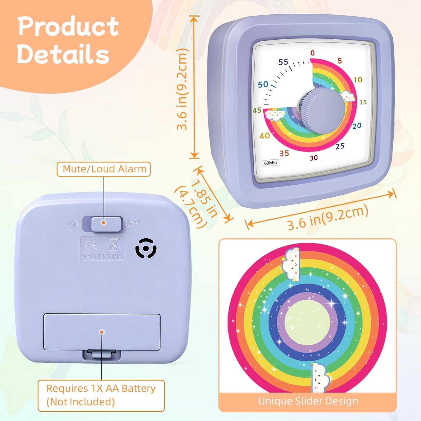 Visual Timer for Kids 60 Minute Countdown Clock – Silent Cube Timer with Rainbow Cloud Design, Plastic Kids Visual Timer, Toddler Timers for Classroom Home Kitchen Study Tools, Green