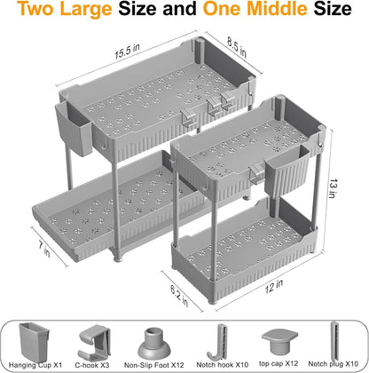 3-Pack 2-Tier Under Sink Organizers with Sliding Drawers | Multi-use kitchen & bathroom storage, 12.8 inch black cabinet organizer, space-saving sliding drawer design.