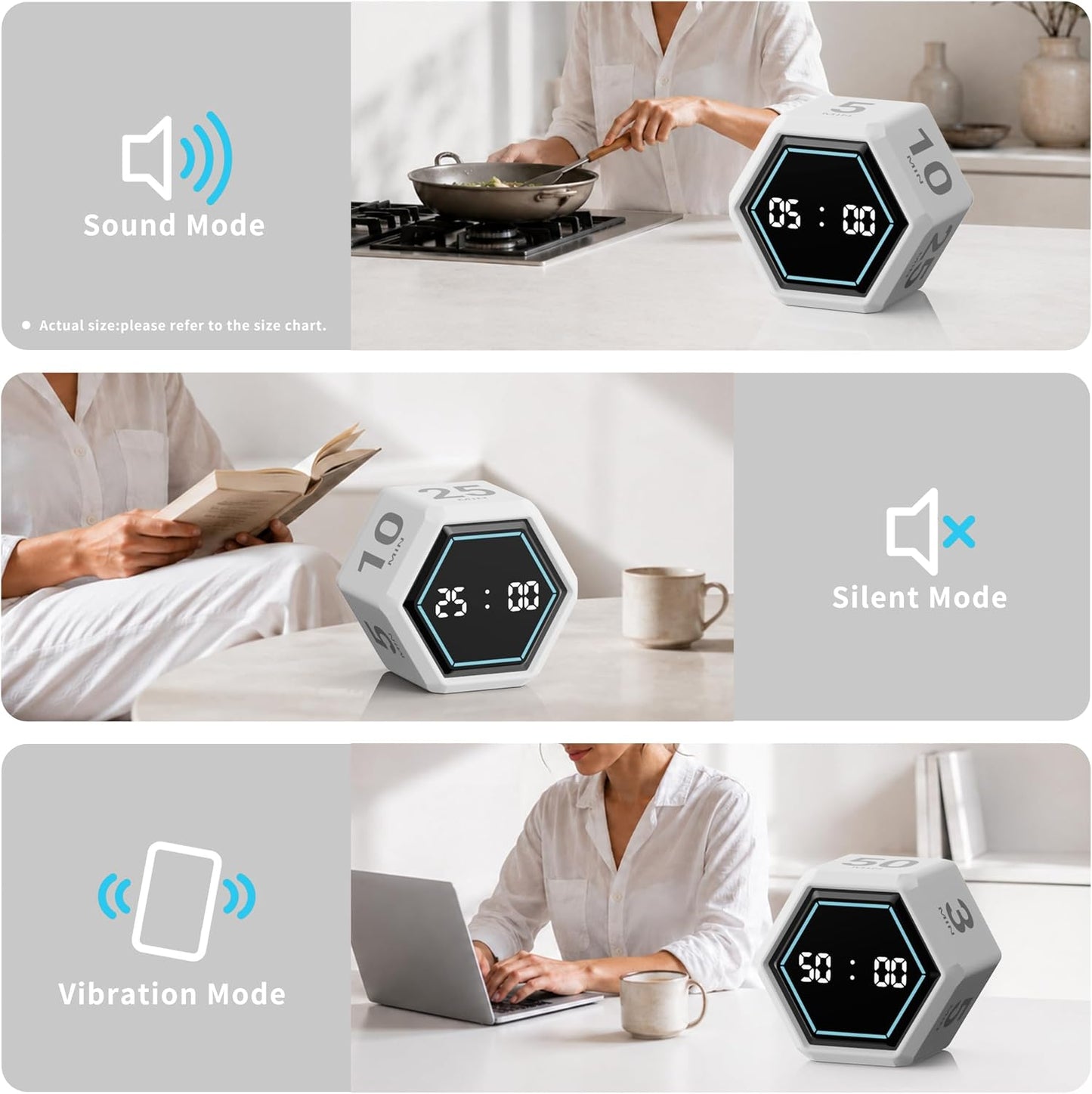 Visual Cube Timer with Visual Countdown, 5 & 25 Min Presets | 6 preset times (25, 5, 3, 10, 30 & 50 min), silent, vibration and sound alerts for study, work and classroom use