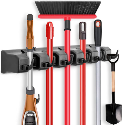IMILLET 2 Pack Mop and Broom Holder, Wall Mount Organizer Storage Tool Rack | Broom and Mop Organizer Wall Hanging for Garage, Laundry Room, Garden, Utility, 5 Ball Slots and 6 Hooks(Black)