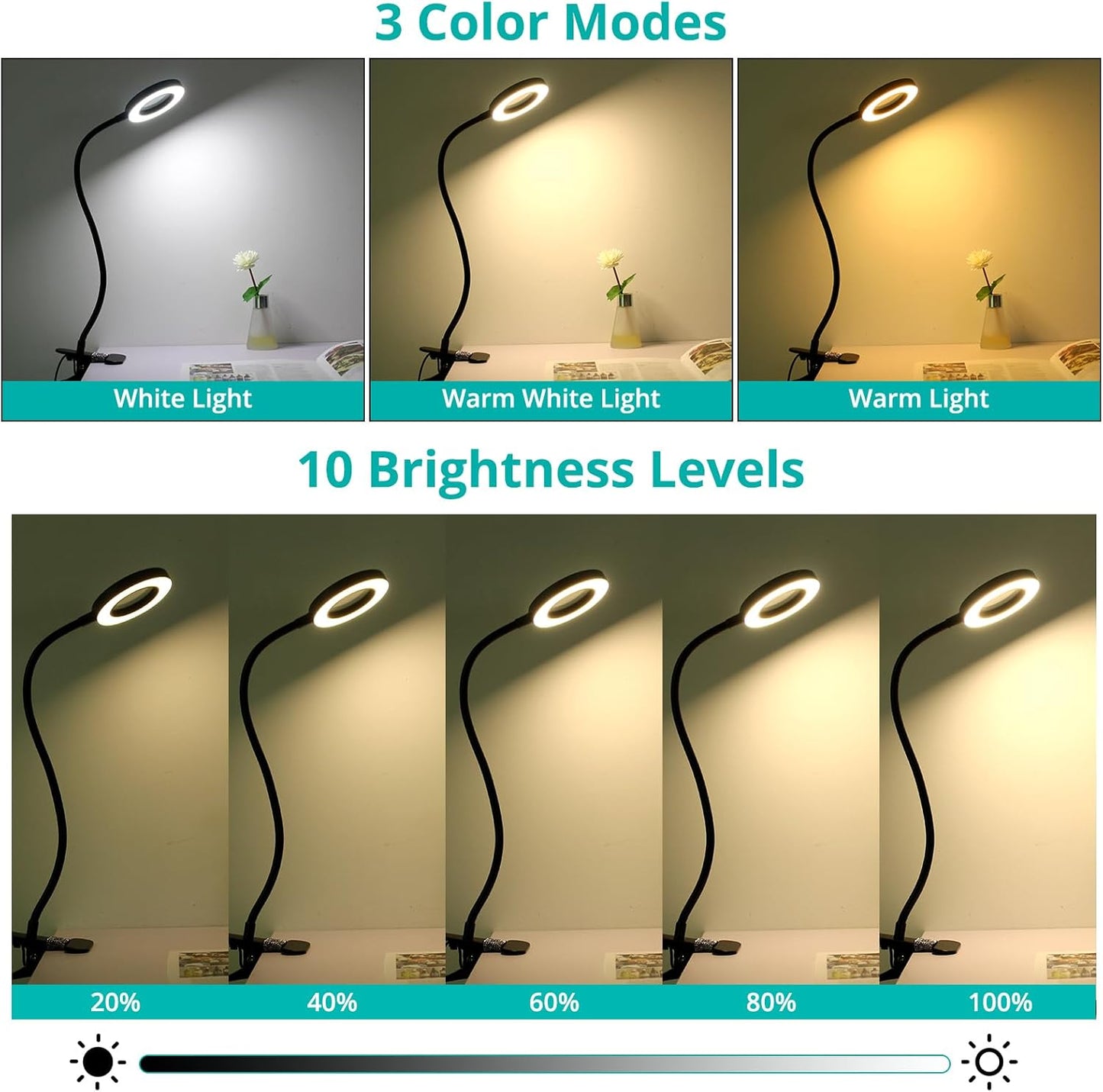 Woputne Desk Lamp Clip on Light for Bed Book Reading (Black) | 10 Dimmable Brightness 3 Light Modes Desk Lights for Home Office Clamp Bedside Lamp for Painting, Craft, Study
