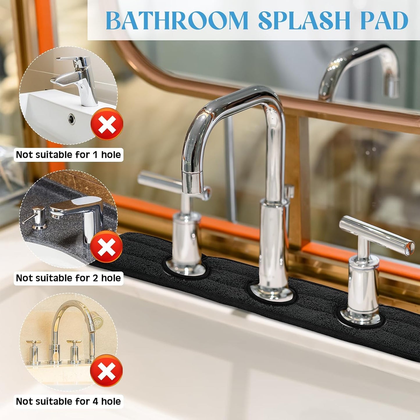 Teenyyou 2 Pcs Faucet Mat for Kitchen Sink Splash Guard for Kitchen Sink Faucet Dish Drying Mat for Bathroom Sponge Holder(Dark Gray,3 Round Holes)
