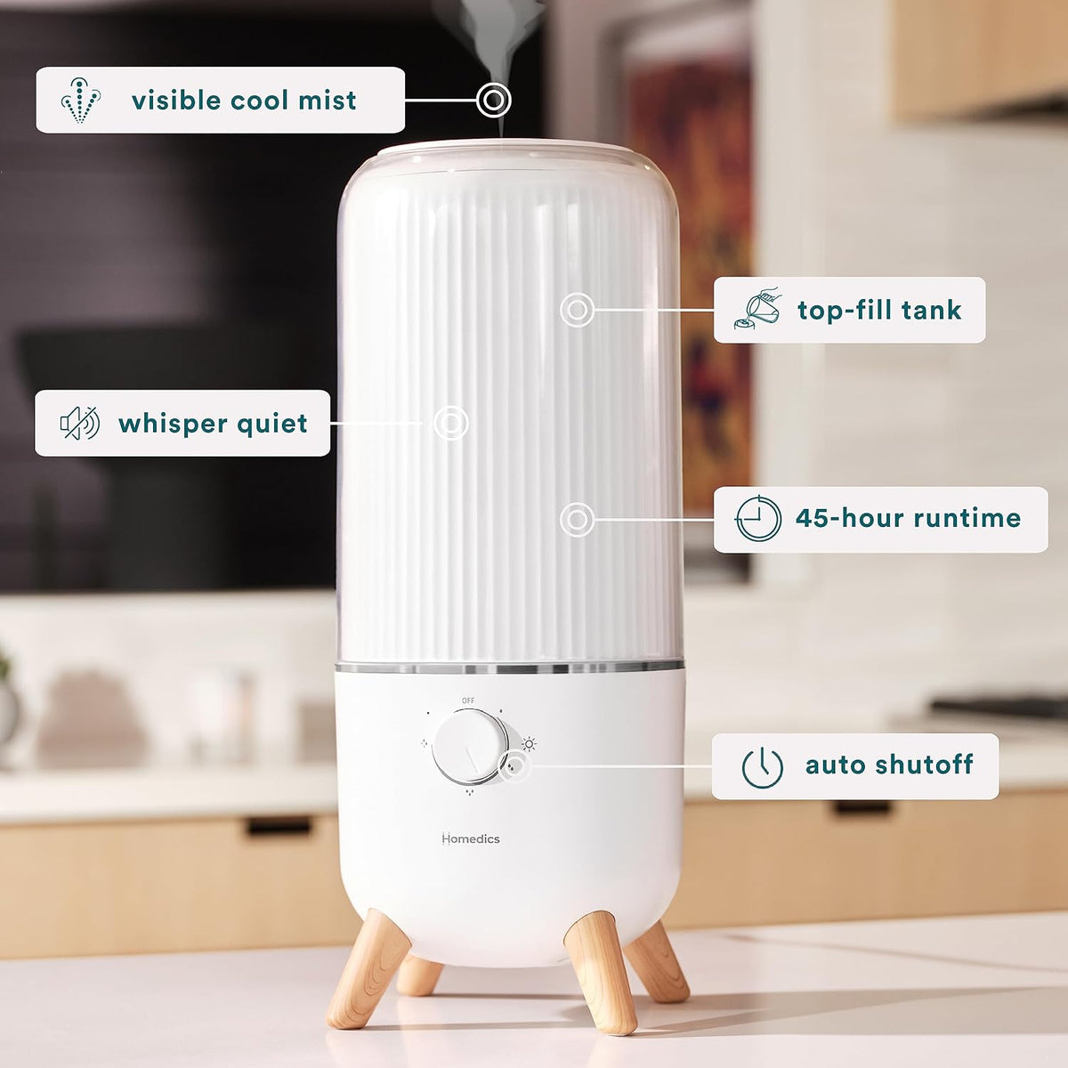 Homedics Ultrasonic Humidifier, Bedrooms and Home Offices, 0.97-Gallon Tank