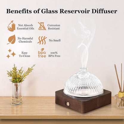 Lecdura Glass Essential Oil Diffuser with Glass Reservoir & WoodBase, 200ml Ultrasonic Lock Color Timer Auto-Off 7 Color Light Aroma Glass Dome Diffuser for Home Office Bedroom Yoga