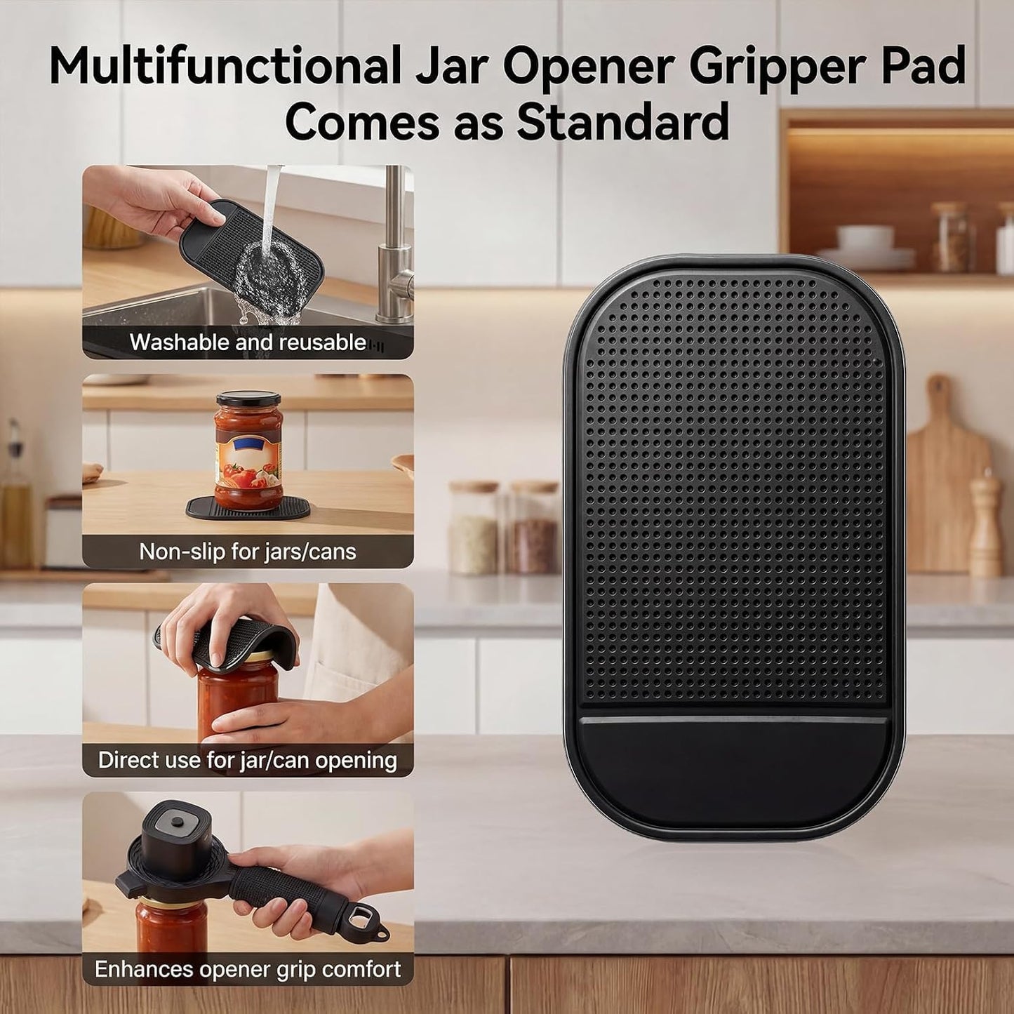 Electric Jar Opener for Seniors with Arthritis, TFCC & Weak Hands Black | Patented Power-Grip Auto-Tighten Manual Lid Opener, Rechargeable 2-in-1 Jar & Bottle Opener with Storage Hook & Non-Slip Pad
