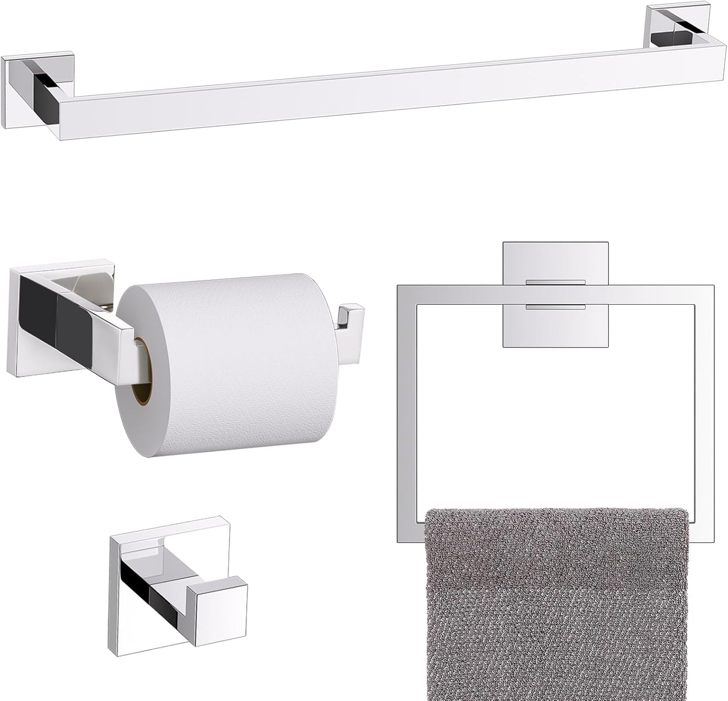 TURS Bathroom Hardware Set Black 4-Piece Towel Bar Set Include 24 Inch Towel Bar Hand Towel Holder Towel Hook Toilet Paper Holder with Shelf Wall Mounted Stainless Steel Bathroom Accessories Set