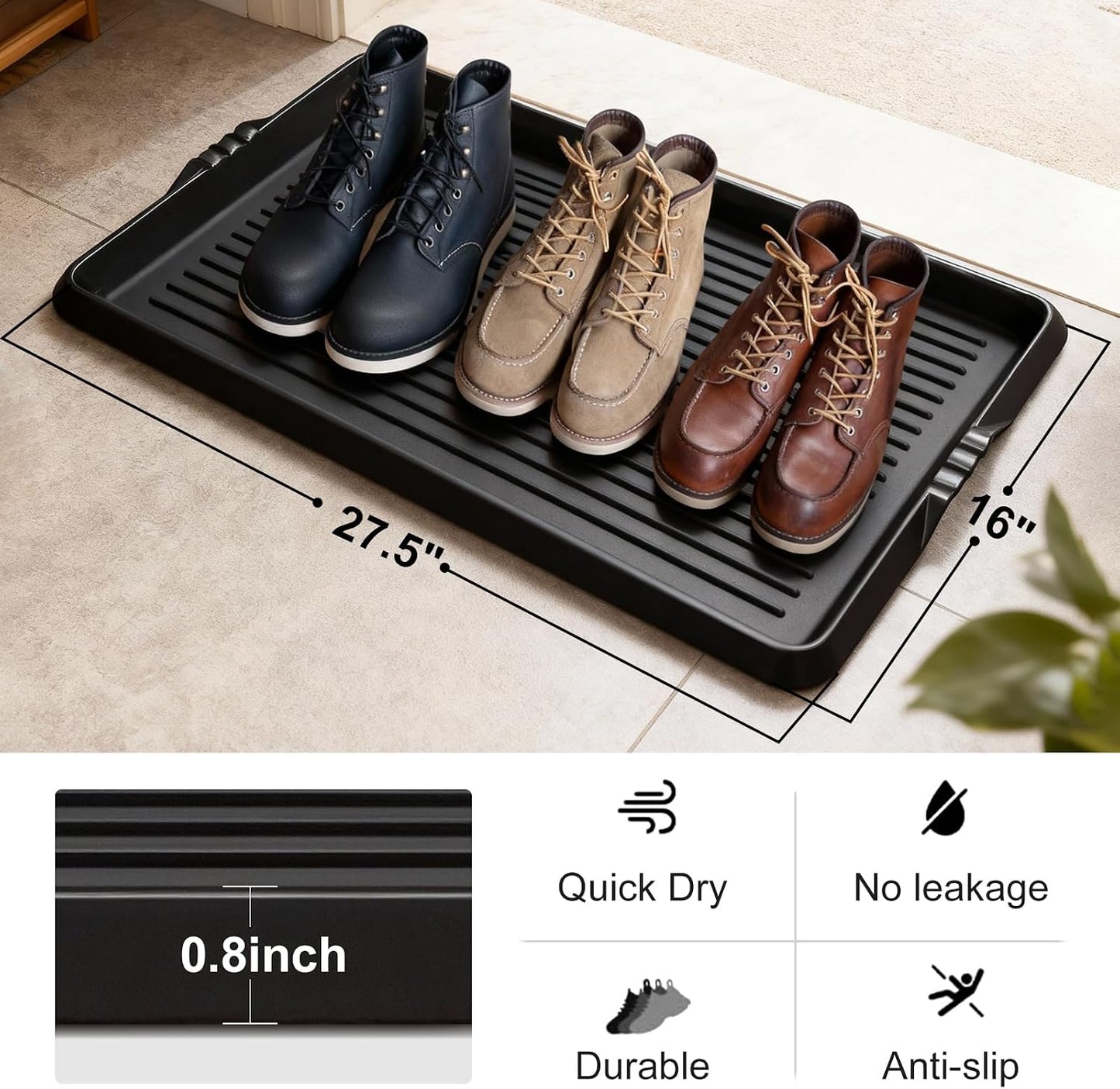 BEHERO Boot Tray Shoe Mat, Rubber Shoe Matt Tray Indoor/Outdoor Use, 16" x27.5" Shoe Cleaning Mat Non-Slip with Raised Edge for Entryways, Decks, and Patios (Black)