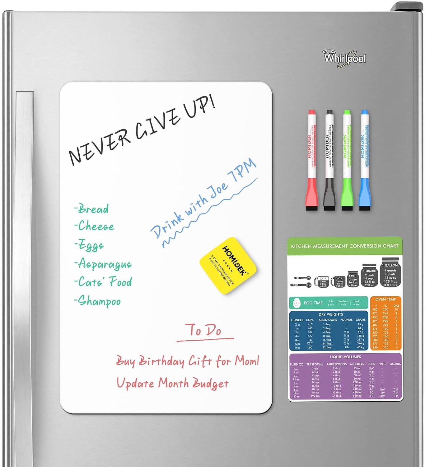Magnetic Dry Erase Board: Small Fridge Whiteboard, Flexible Refrigerator Magnet White Board, Blank Writing Note Sheet with Dishwasher Magnet Clean Dirty Sign, 4 Markers & Eraser - 12 x 8