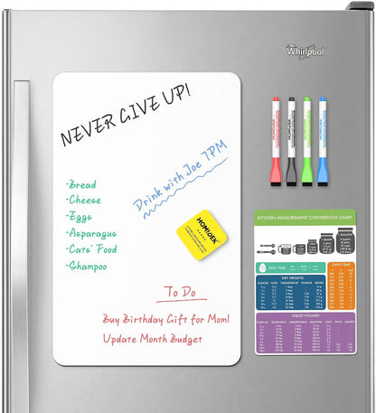 Magnetic Dry Erase Board: Small Fridge Whiteboard, Flexible Refrigerator Magnet White Board, Blank Writing Note Sheet with Dishwasher Magnet Clean Dirty Sign, 4 Markers & Eraser - 12 x 8