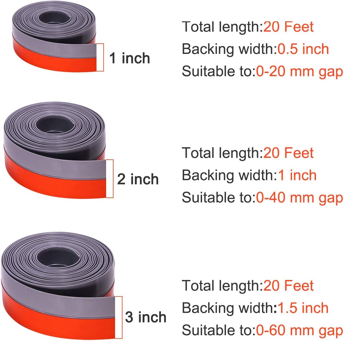 TORRAMI Silicone Weather Stripping 1 inch Width 20 Feet Length, Seal for Door Under Bottom, Gap, Side, Glass Shower Door, Sliding Door,Windows, Grey