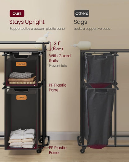 VASAGLE Laundry Sorter with Wheels, 39.6 Gal., 4 Removable Liners | Portable Laundry Cart with Shelf, 150 L, 6 Labels, Ink Black and Chestnut Brown, STEVIE Collection URLS100BH01S