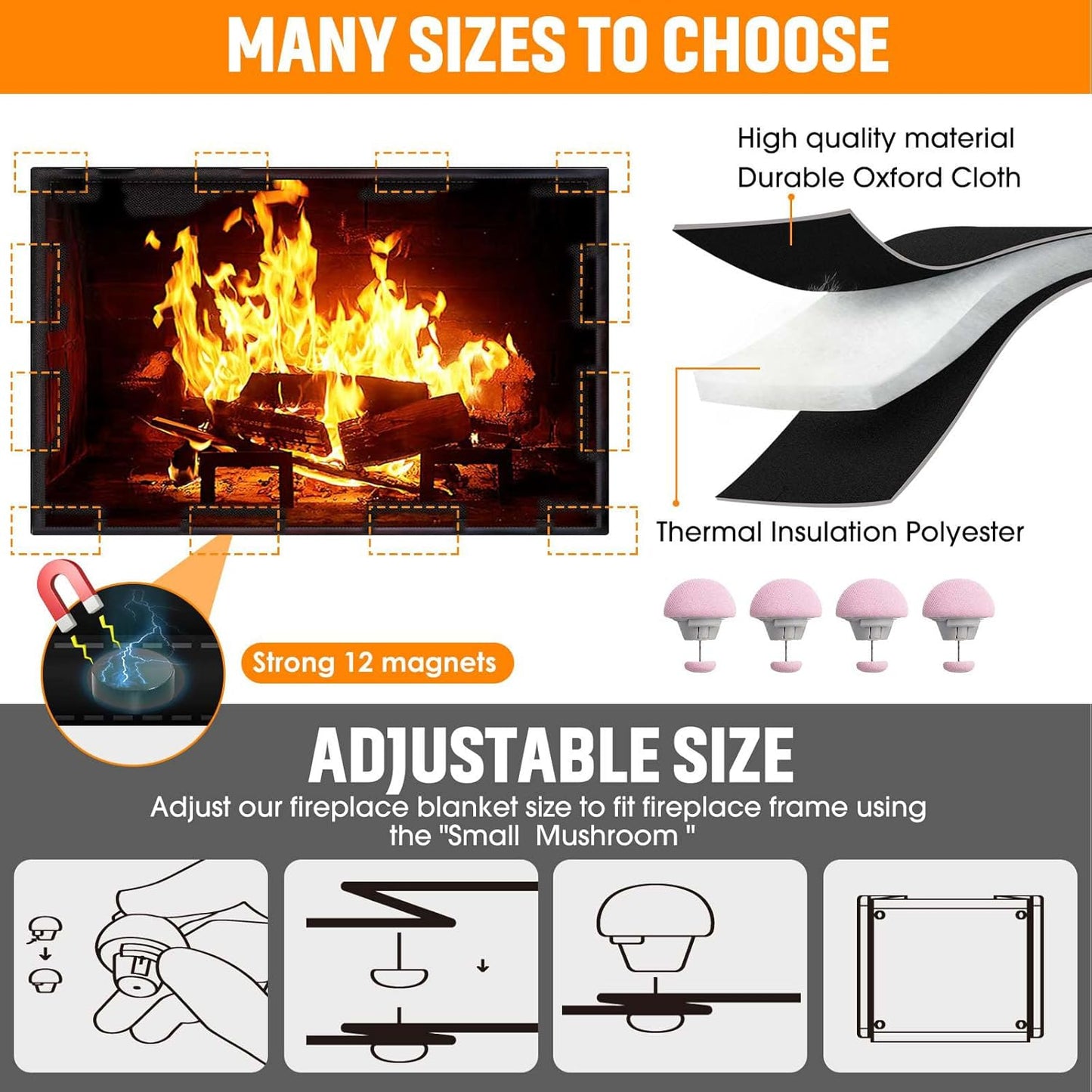 CADARA Magnetic Fireplace Draft Cover, Fireplace Blocker Blanket Stops Heat Loss, Adjustable Fire Place Draft Stopper Save Energy for Indoor Iron Frame 39" W x 32" H