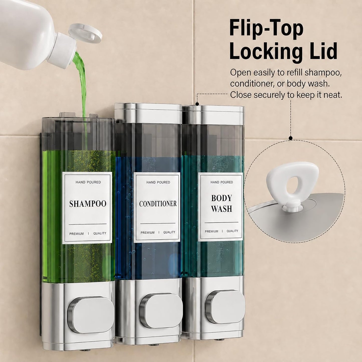 Shampoo and Conditioner Dispenser – Wall-Mounted Shower Soap Dispenser, No-Drill Installation, Lockable, 900 ml Capacity,for Bathroom & Hotel or Airbnb (Black, 3-Pack)