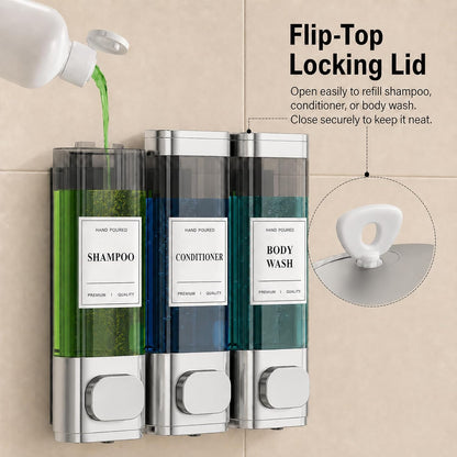 Shampoo and Conditioner Dispenser – Wall-Mounted Shower Soap Dispenser, No-Drill Installation, Lockable, 900 ml Capacity,for Bathroom & Hotel or Airbnb (Black, 3-Pack)