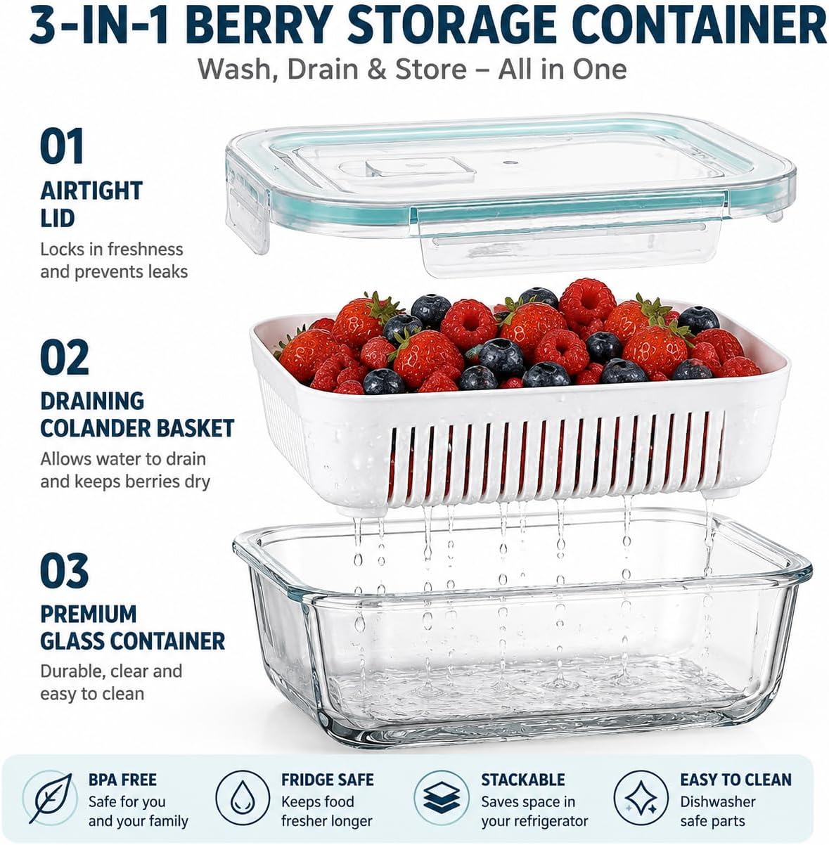 Glass Berry Container for Fridge, 3 Pack, 56oz 35oz 25oz, with Removable Colander and Vent Valve, Fresh Produce Storage Set