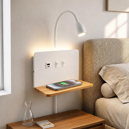 Bedside Wall Sconce with Wireless Charging Station & USB Charging, 3 Adjustable Color Temperatures LED Reading Light, 3000K Warm Ambient lighting Wall Mounted Sconce for Bedroom, Plug-in or Hardwired