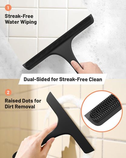 2-in-1 Silicone Shower Squeegee with Hook,Dual-Sided Design with Scraper & Scrub Surface,Rust-Proof Stainless Core,Streak-Free Bathroom Squeegee for Glass Doors,Mirrors,Windows,Car Windshields (Black)