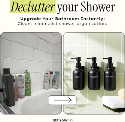 MaisoNovo Shampoo and Conditioner Dispenser|Refillable Black Set of 3 | 500 ml Shower Gel Dispenser Set of 3. Refillable Shampoo and Conditioner Bottles. Drill Free Secure Design. Black