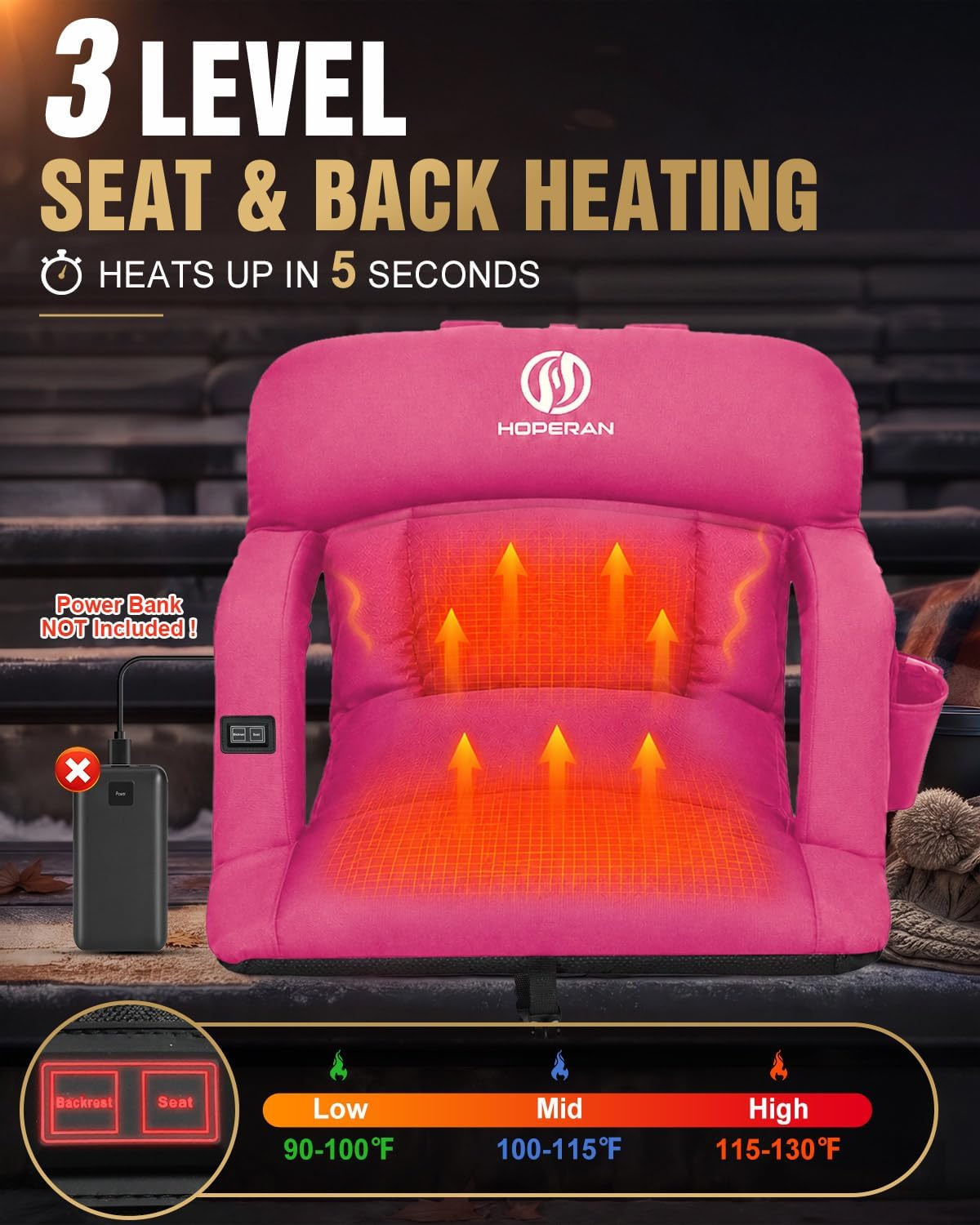 HOPERAN 25in Heated Stadium Seats for Bleachers, 4.3" Extra Thick, Pink | Super Soft Sofa-Style, Independent Seat&Back 3 Level Heat (NO Battery), 6 Recliner, Anti-Slip, Side Pockets, Backpack Straps