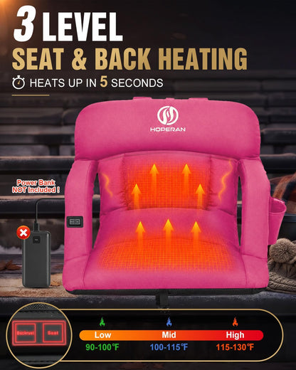 HOPERAN 25in Heated Stadium Seats for Bleachers, 4.3" Extra Thick, Pink | Super Soft Sofa-Style, Independent Seat&Back 3 Level Heat (NO Battery), 6 Recliner, Anti-Slip, Side Pockets, Backpack Straps