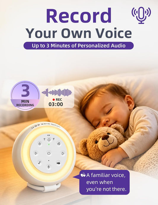 Portable Baby Sound Machine, 24 Sleep Sounds, Voice Recording & Night Light