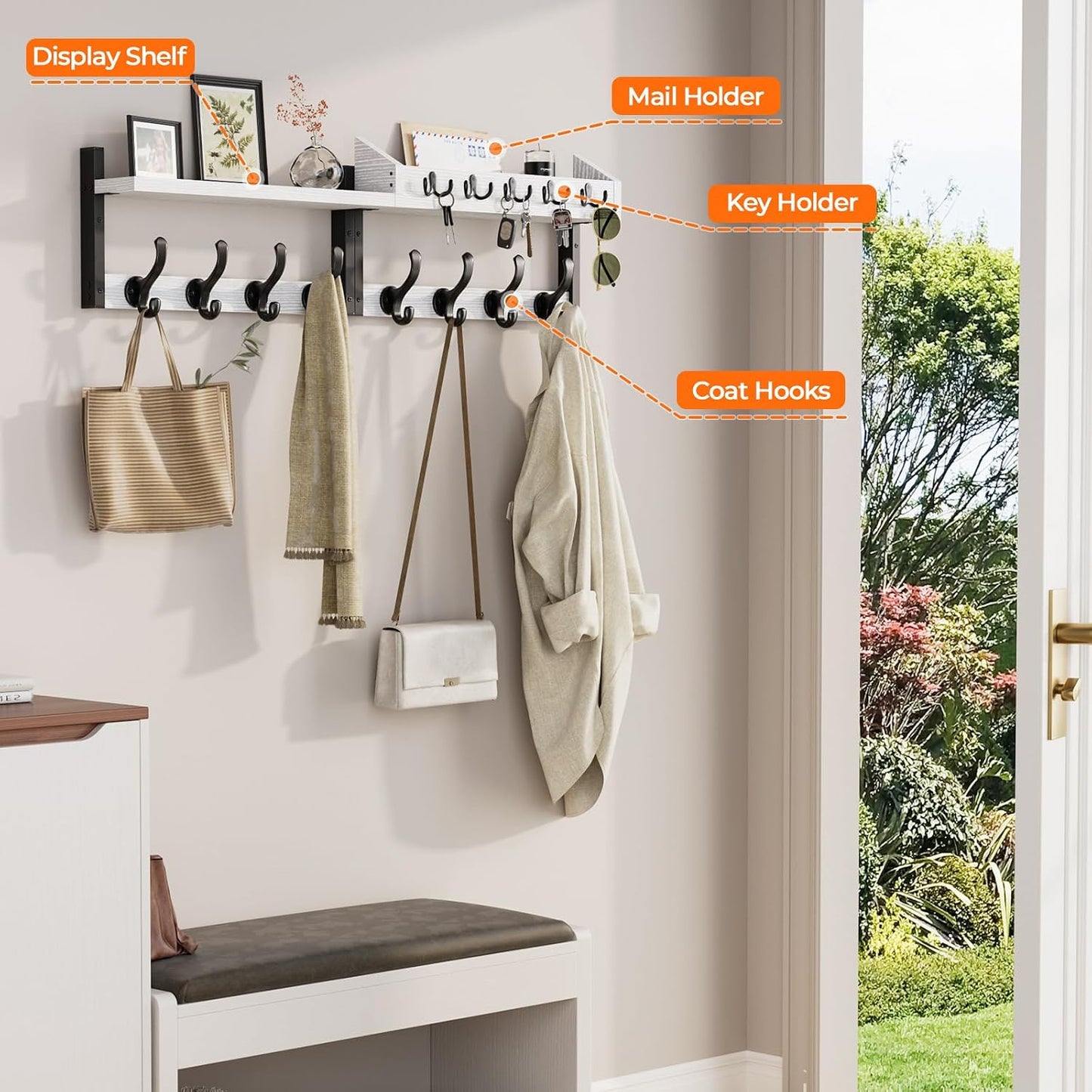 Evermagin 29" Coat Rack Wall Mount with Shelf for Entryway, Rustic Brown | Wall Mounted Coat and Key Rack with Hooks, Key Holder with Mail Organizer for Wall, Living Room, Mudroom, Bedroom