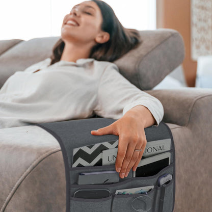 Teniux Remote Control Holder GRS Certified Armchair Caddy for Recliner Couch, Recycled Material Non-Slip Armrest Organizer with 5 Pockets for Magazine, Tablet, Phone, iPad (Dark Grey)