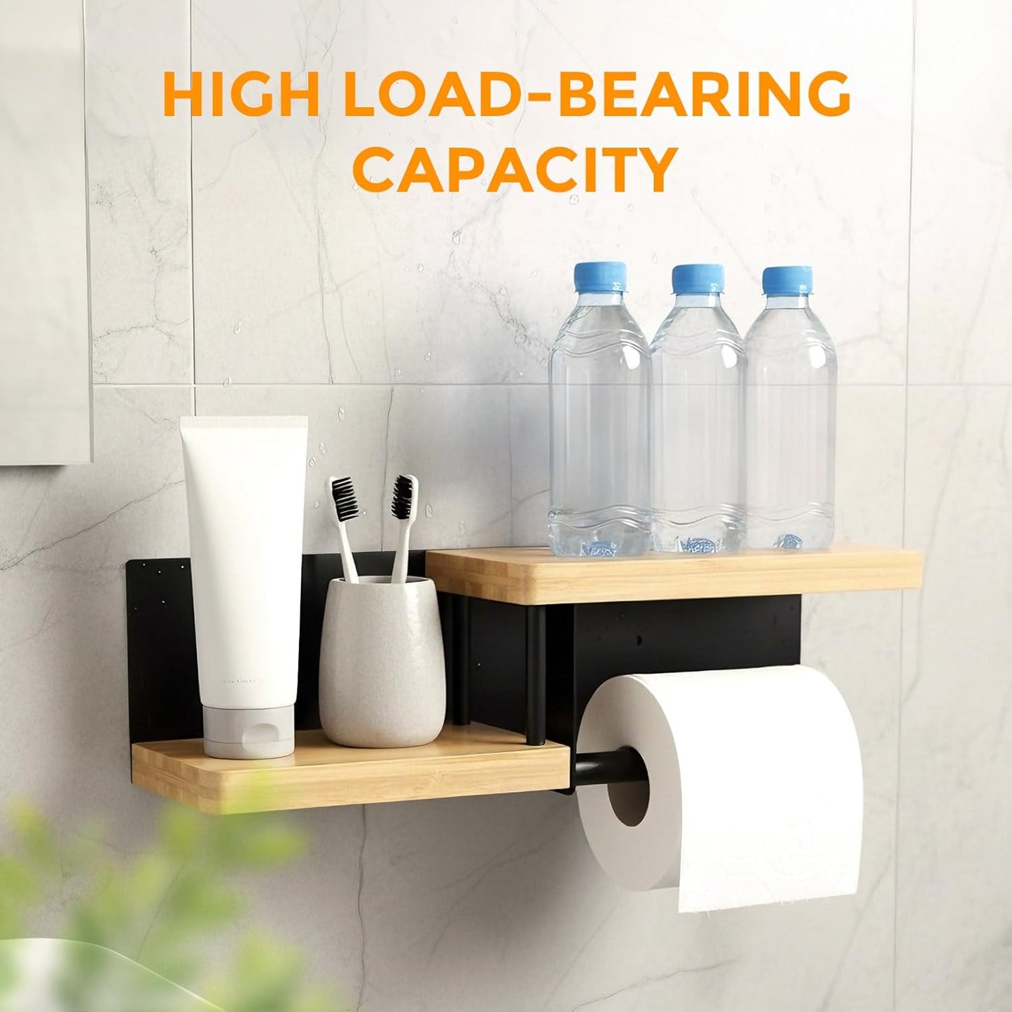 Toilet Paper Holder with Shelf, Wall Mount Toilet Paper Roll Holder with Wooden Shelf & Matte Black Stainless Steel Pipe, Bathroom Organizer for Roll Tissue, Phone, Wipes, Plant for Bathroom, Washroom