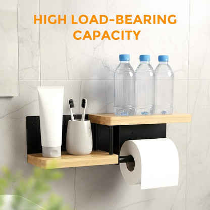 Toilet Paper Holder with Shelf, Wall Mount Toilet Paper Roll Holder with Wooden Shelf & Matte Black Stainless Steel Pipe, Bathroom Organizer for Roll Tissue, Phone, Wipes, Plant for Bathroom, Washroom