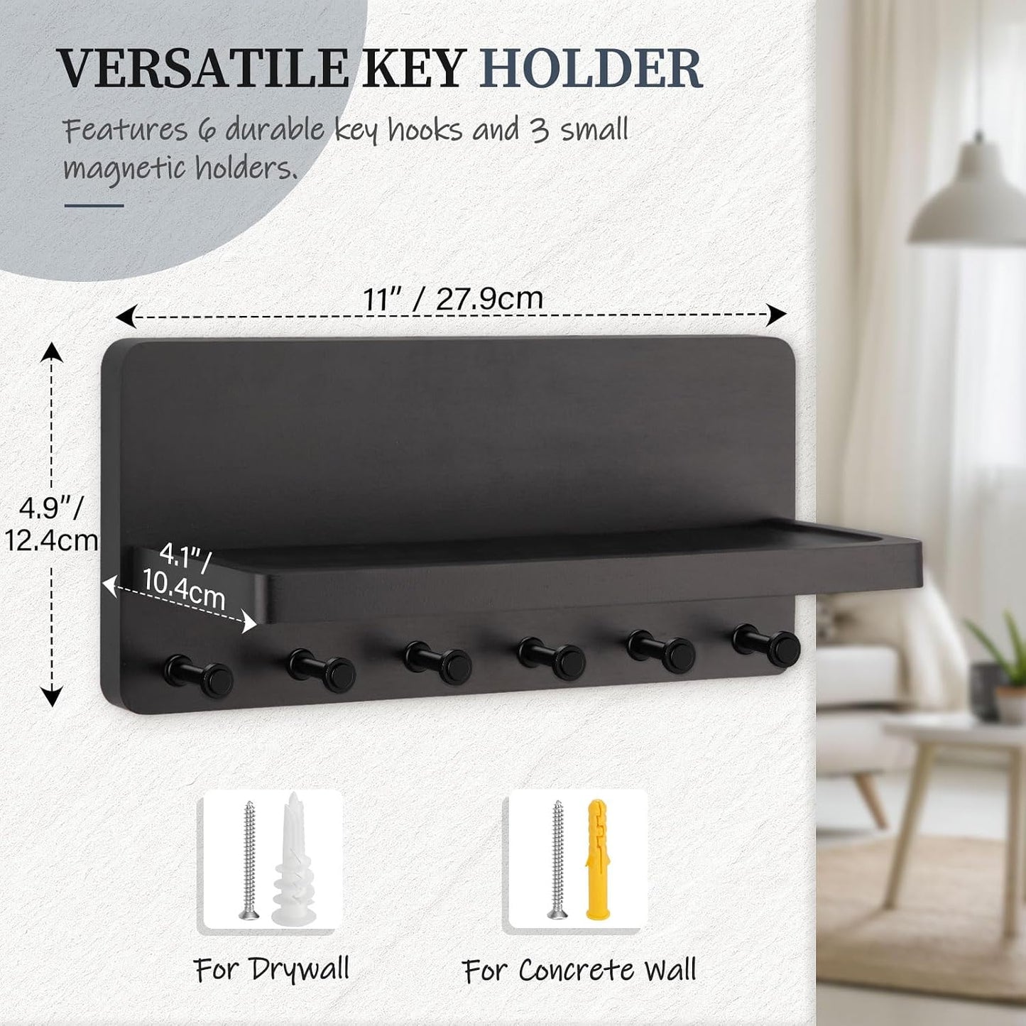 Nekon Key Holder for Wall with Shelf, Pine Wooden Key Hanger, Black | Small Wall Mounted Key Holder with 4 Hooks, Farmhouse Wall Organizer for Home Entryway & Apartment