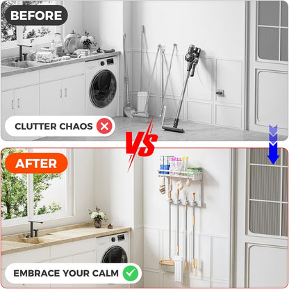 Broom Holder Wall Mount with Shelf, Black, L | 3 in 1 Broom and Mop Organizer, Wall Hanging, For Laundry, Garage, Utility, Vacuum Stand Alternative