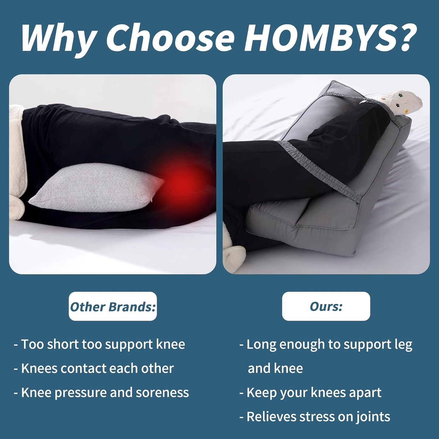 HOMBYS Knee Pillow for Side Sleepers with Elastic Straps, 4" Height Cotton Cover Leg Pillow for Aligns Spine & Relieves Pressure Hip & Leg Elevation, Supportive Pillow for Lower Back, Grey
