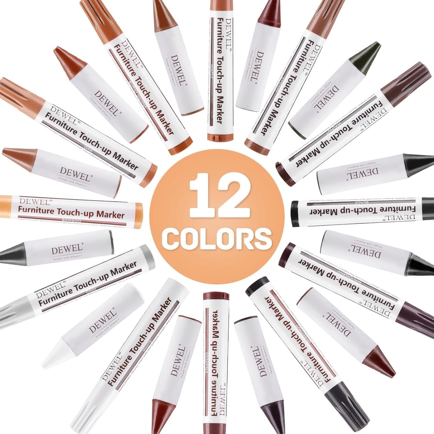 DEWEL Furniture Touch Up Markers, 17-Piece Wood Repair Kit with Wax Sticks | 8 Wood Touch Up Markers + 8 Wax Filler Sticks + Sharpener; Maple, Oak, Cherry, Walnut, Mahogany, White, Gray & Black